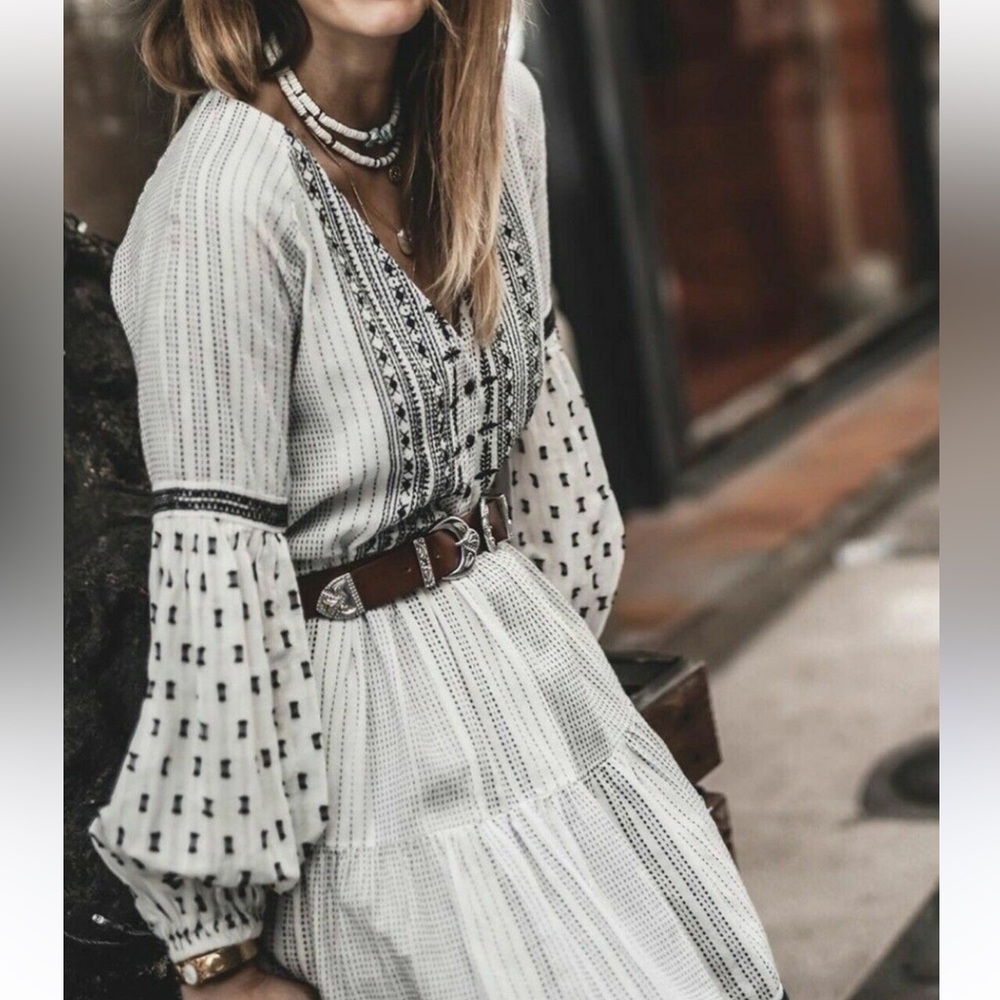 Zara Black and White Pleated Tiered V-Neck Dress